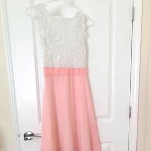 Lace bodice coral pink skirt long dress